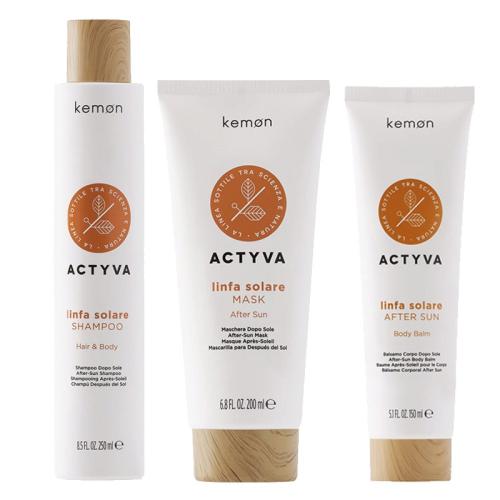 Kemon Actyva Linfa Solare Hair&Body Shampoo 250 ml + After Sun Mask 200 ml + After Sun Body Balm 150 ml + spazzola in OMAGGIO