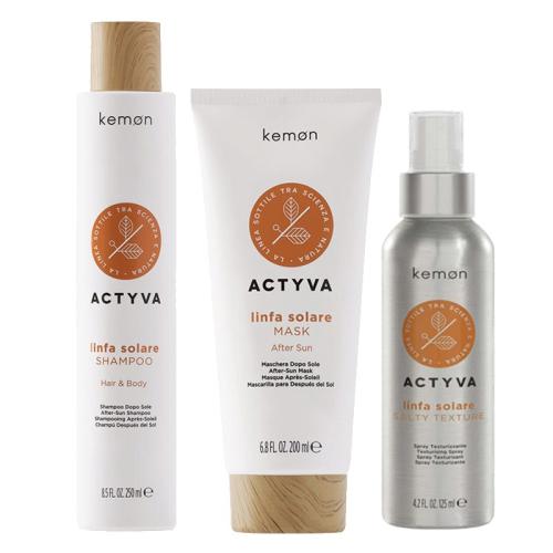 Kemon Actyva Linfa Solare Hair&Body Shampoo 250 ml + After Sun Mask 200 ml + Salty Texture 125 ml + spazzola in OMAGGIO