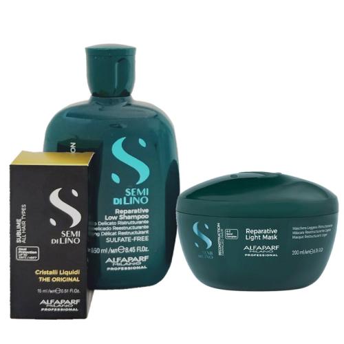 Kit Alfaparf Semi di lino Reconstruction Reparative shampoo 250 ml + Light Mask 200 ml + Cristalli Liquidi 15 ml